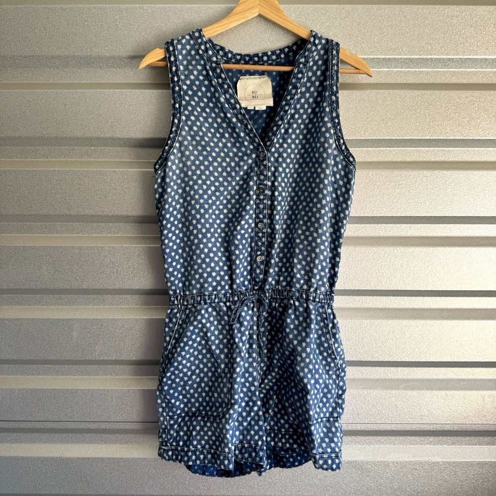 Anthropologie Hei Hei Romper Womens Size 4 Polka Dot Linen Pockets Chambray Boho